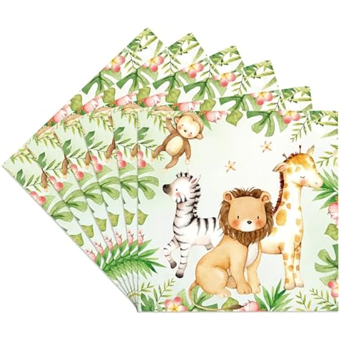 PACK OF 20 NAPKINS CHILDREN'S BIRTHDAY, JUNGLE DECORATION NAPKINS, WILD ONE BIRTHDAY DECORATION PAPER NAPKINS, NAPKINS FOREST ANIMALS, DISPOSABLE NAPKINS FOR FOREST ANIMALS BIRTHDAY PARTY, 33 X - Image 2